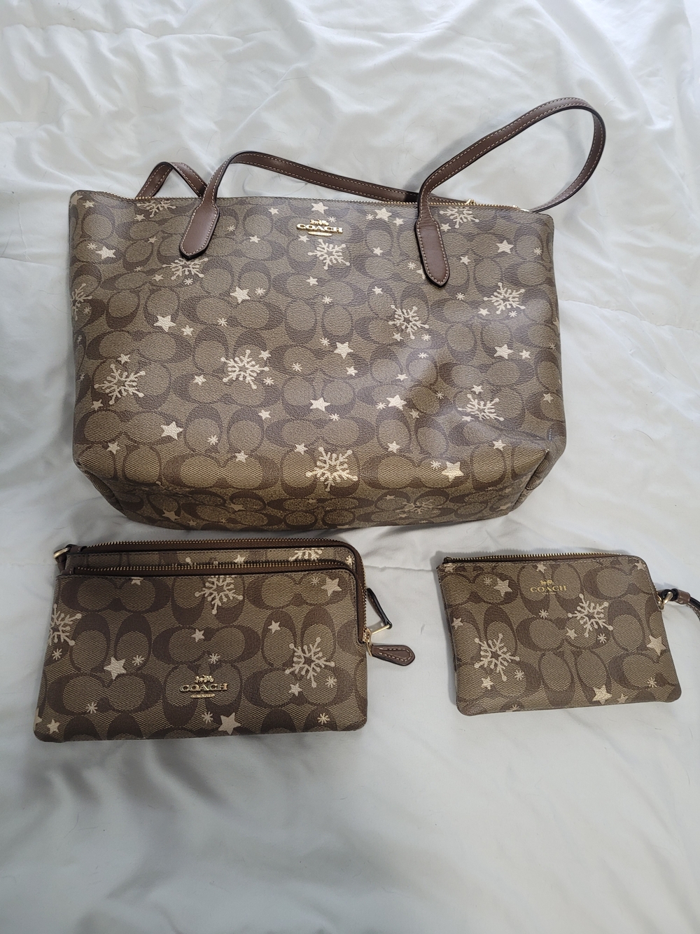 Coach Brown Signature Tote and Matching Pouches with Snowflake Print